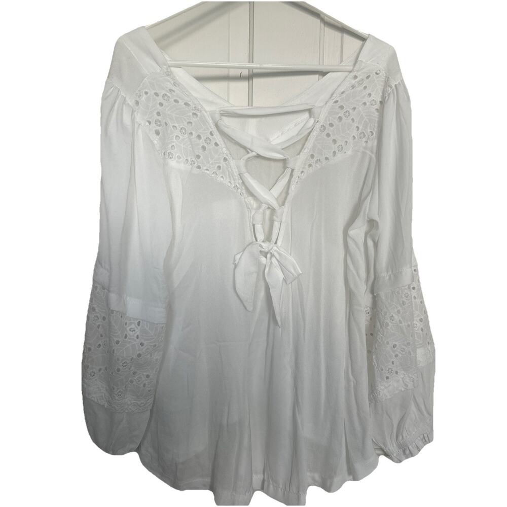 POL Oversized Eyelet Long Sleeve Top White Tie Back Cottage Small